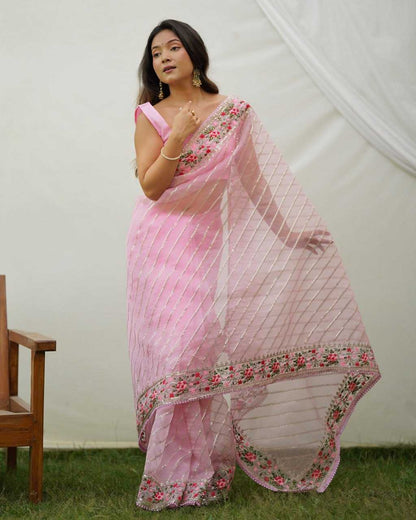 Organza Saree with Embroidered Flowers on Border