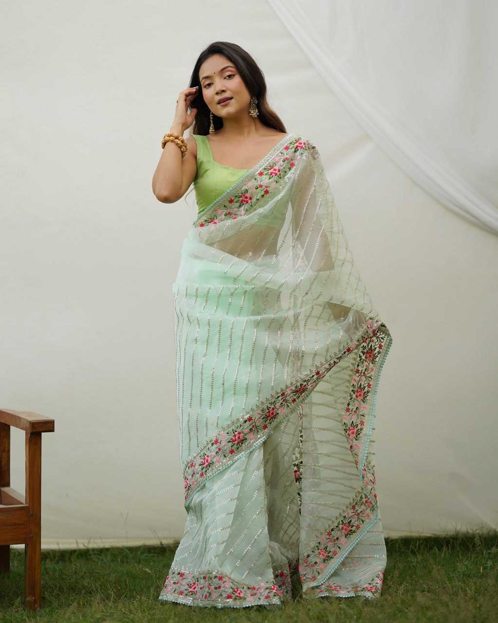 Organza Saree with Embroidered Flowers on Border