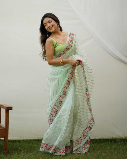 Organza Saree with Embroidered Flowers on Border