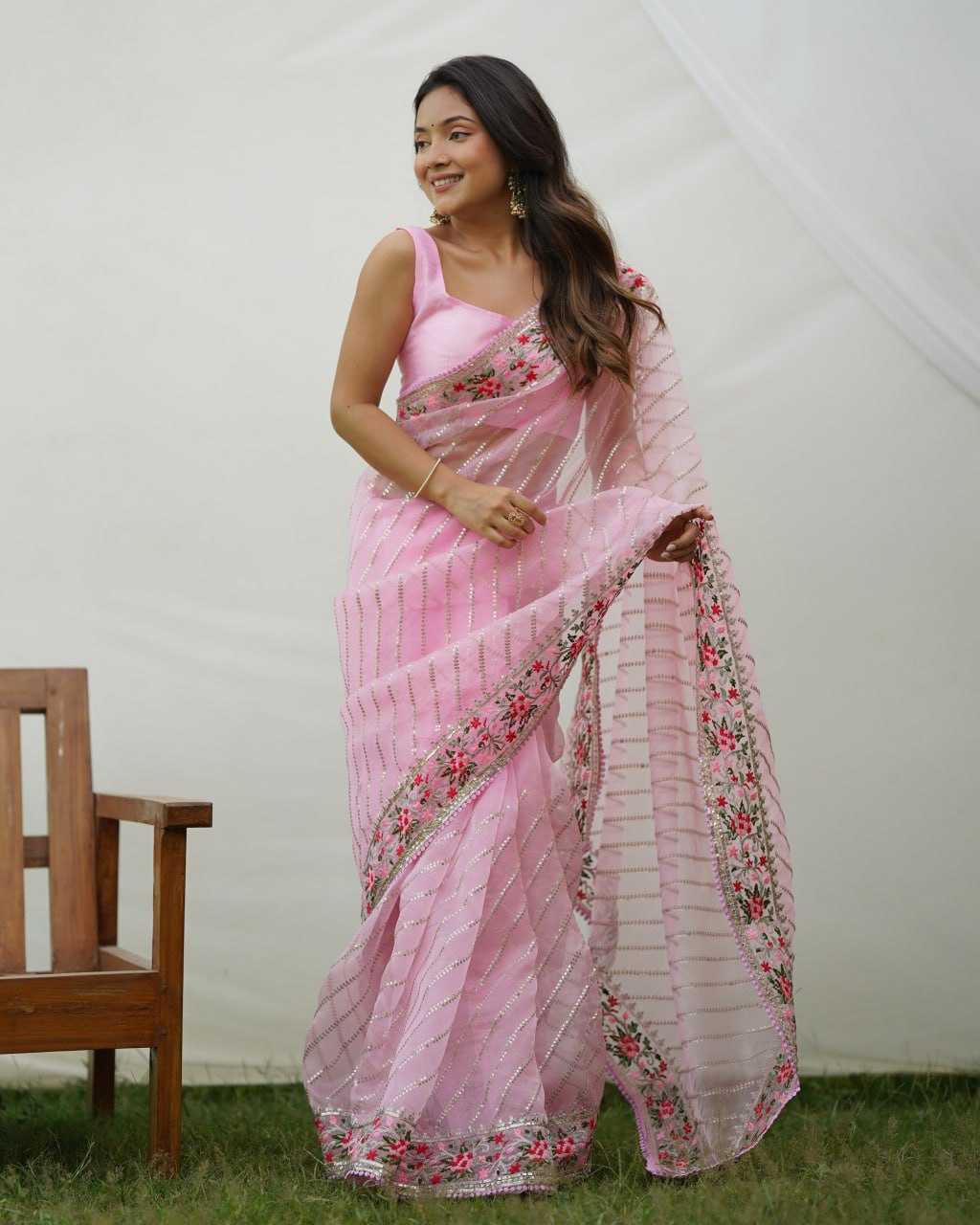 Organza Saree with Embroidered Flowers on Border