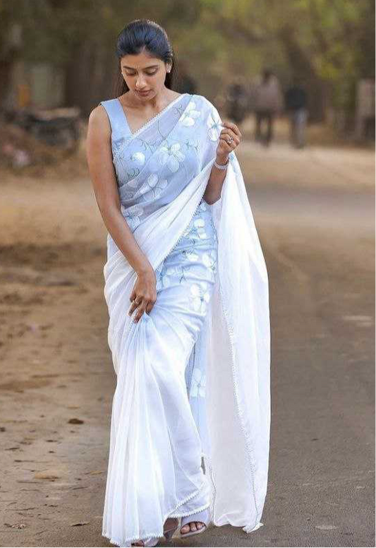 White Soft Silk Hand Printed Saree