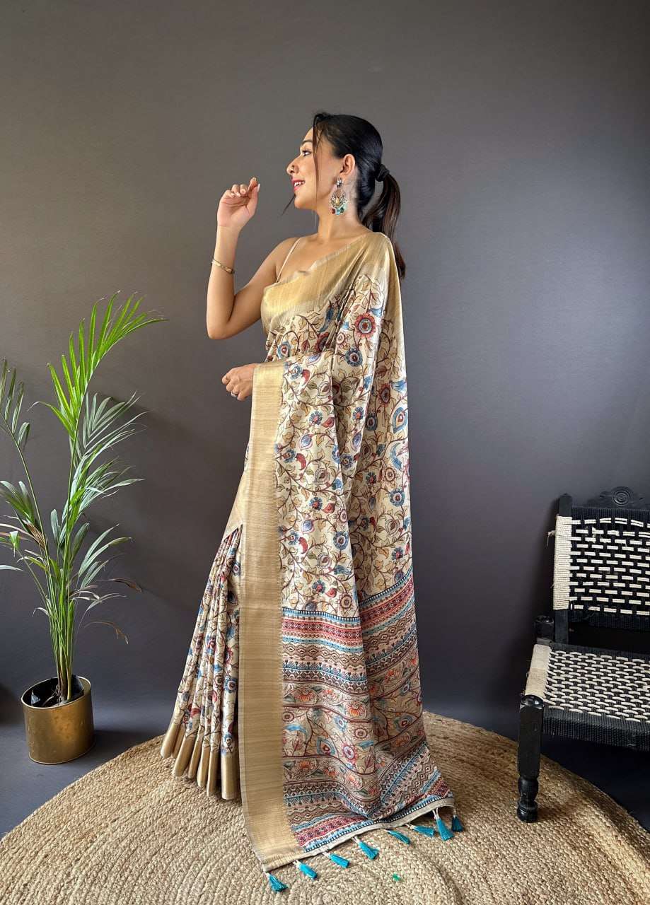 Elegant Assam Silk Saree with Kalamkari Prints