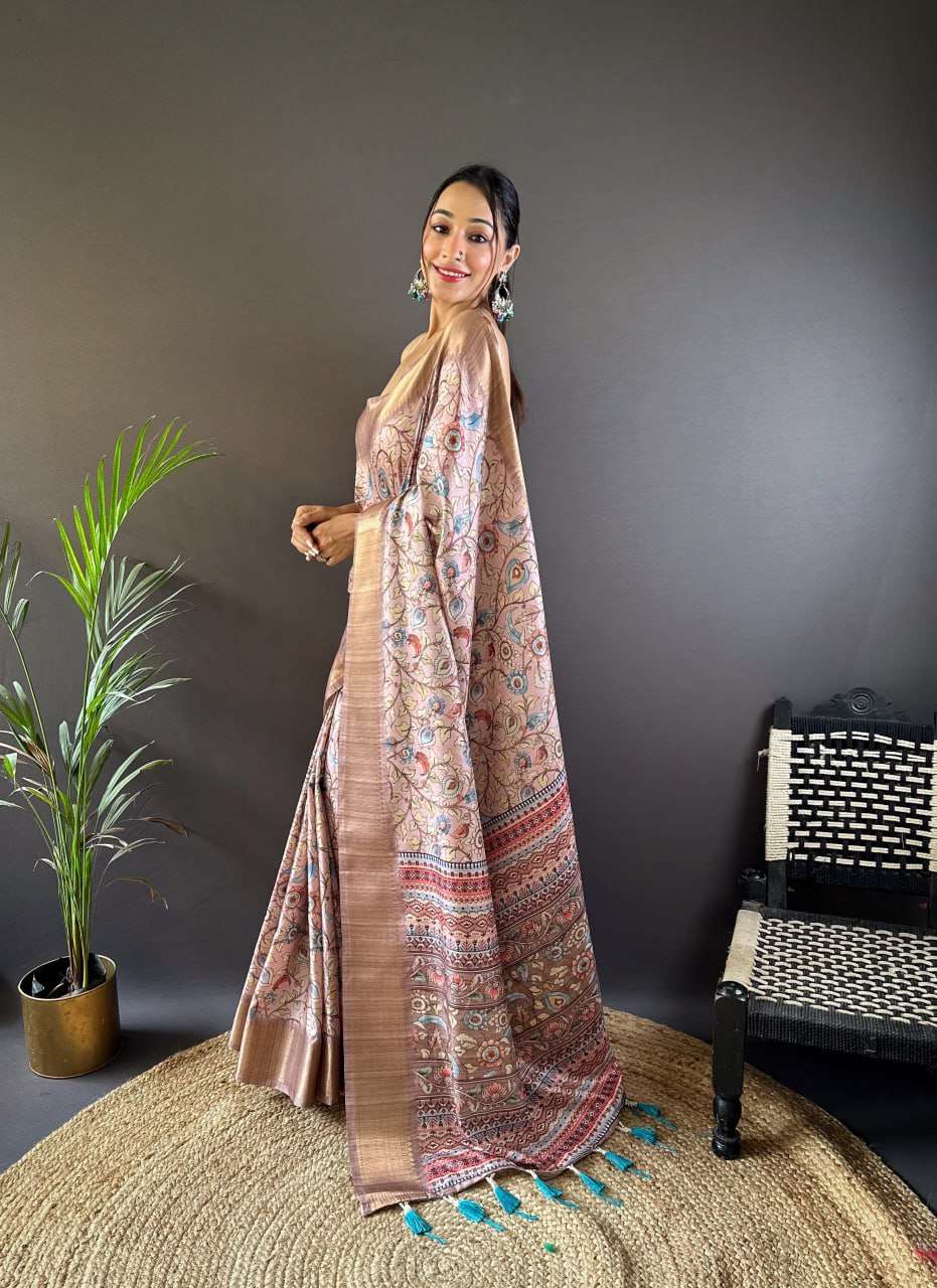 Elegant Assam Silk Saree with Kalamkari Prints