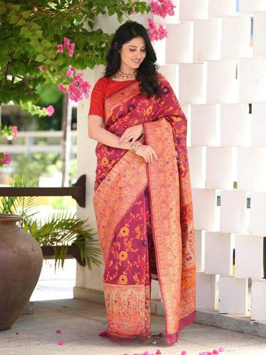 Traditional Banarasi Soft Silk Saree with Kashmiri Zari Weaving