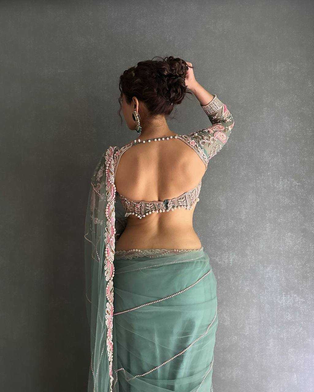 Pista Butterfly Net Saree With Pearl Border