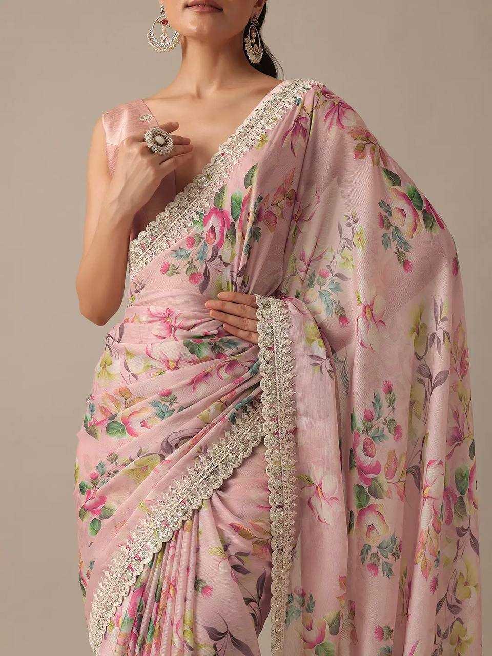 Baby Pink Georgette Saree with Fine Flower Design