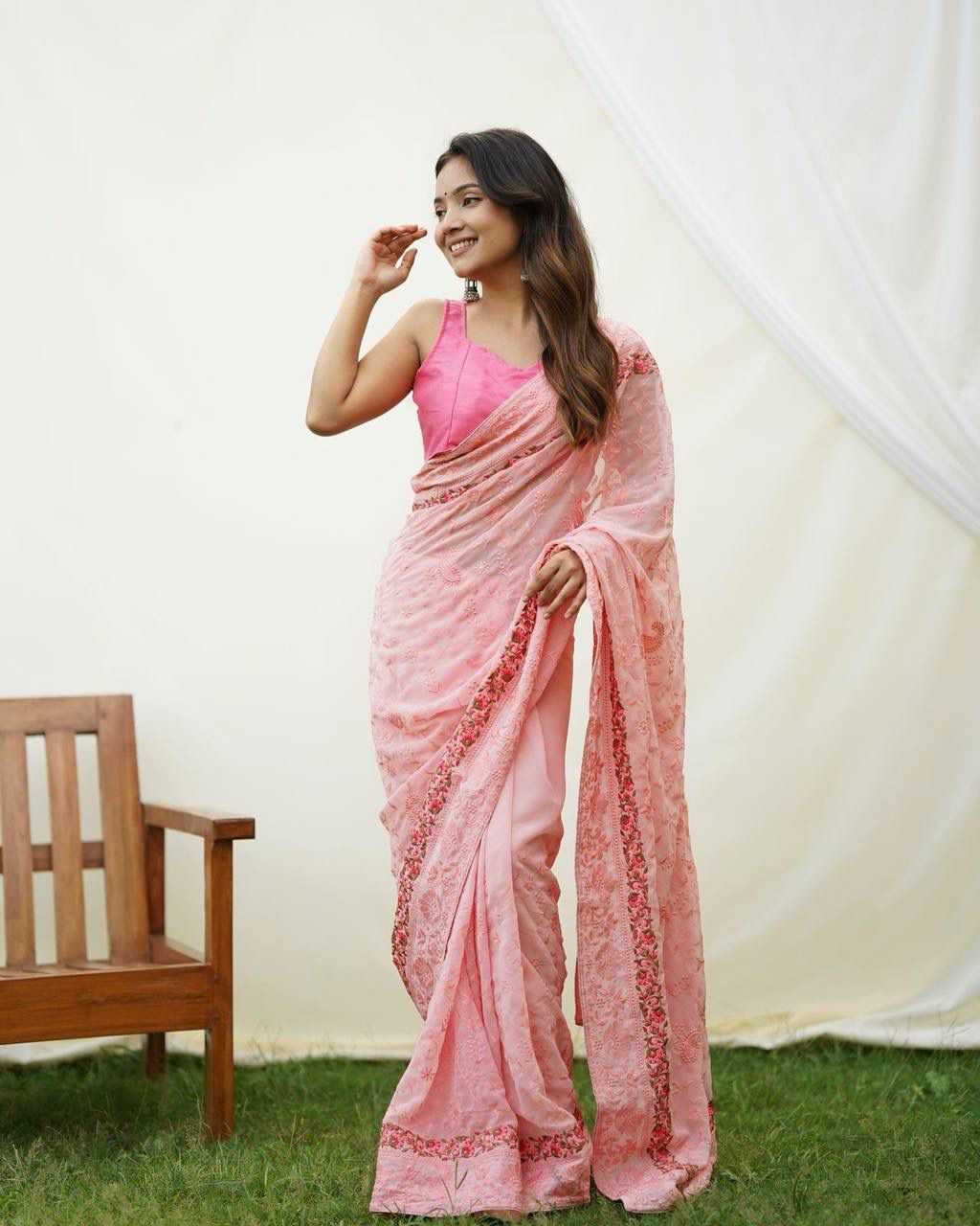 Traditional Georgette Saree with Beautiful Flower Work