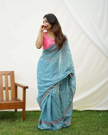 Traditional Georgette Saree with Beautiful Flower Work