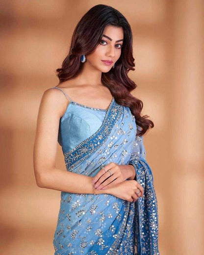 Blue Georgette Saree with Stone Work All-over