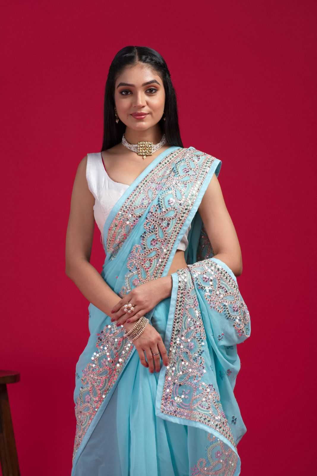 Blue Georgette Saree with Mirror Work