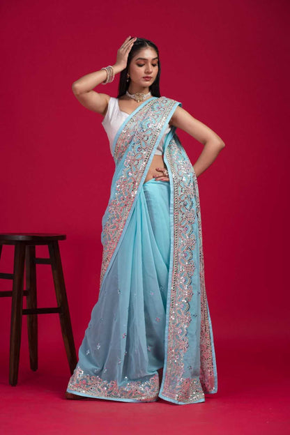 Blue Georgette Saree with Mirror Work