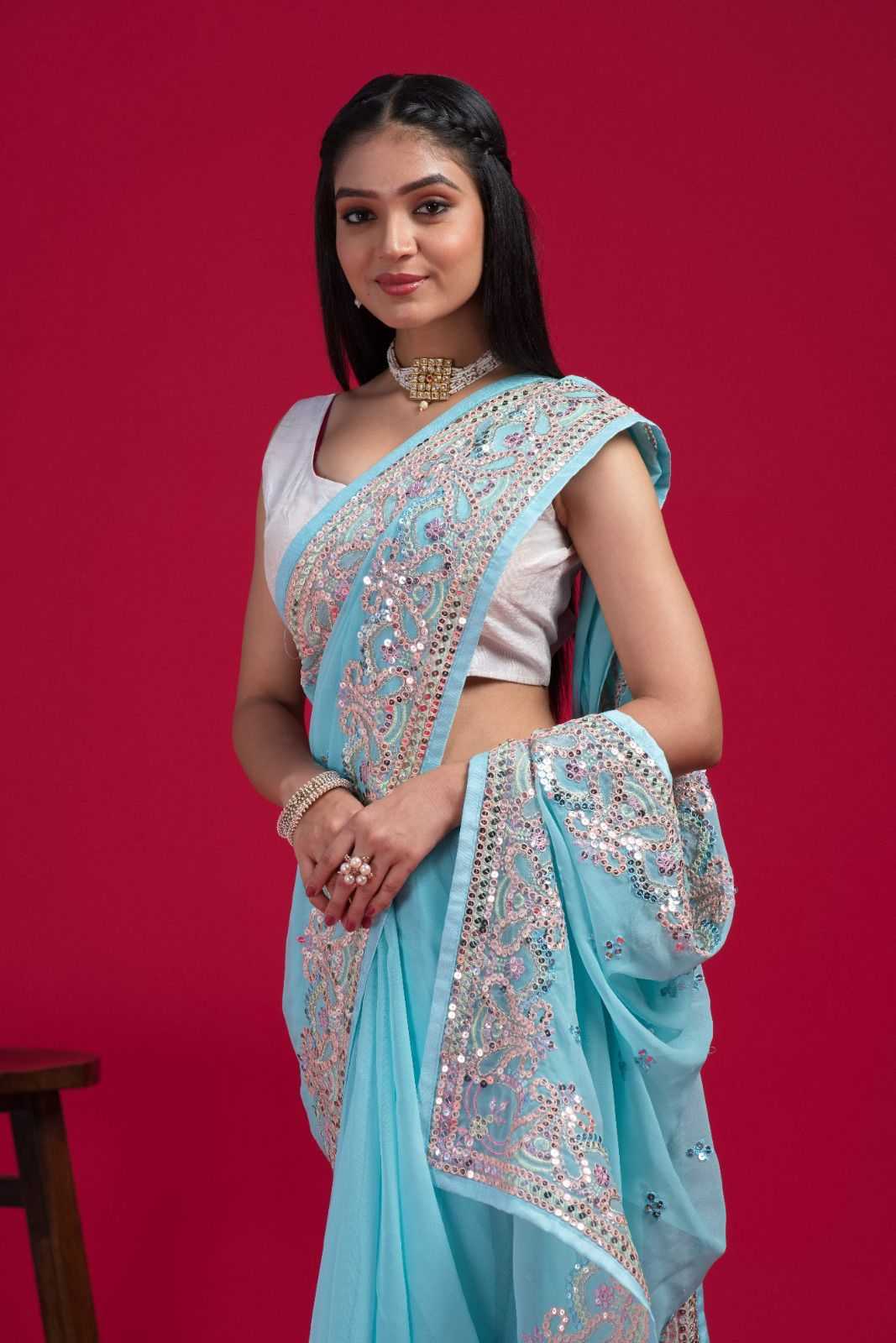 Blue Georgette Saree with Mirror Work