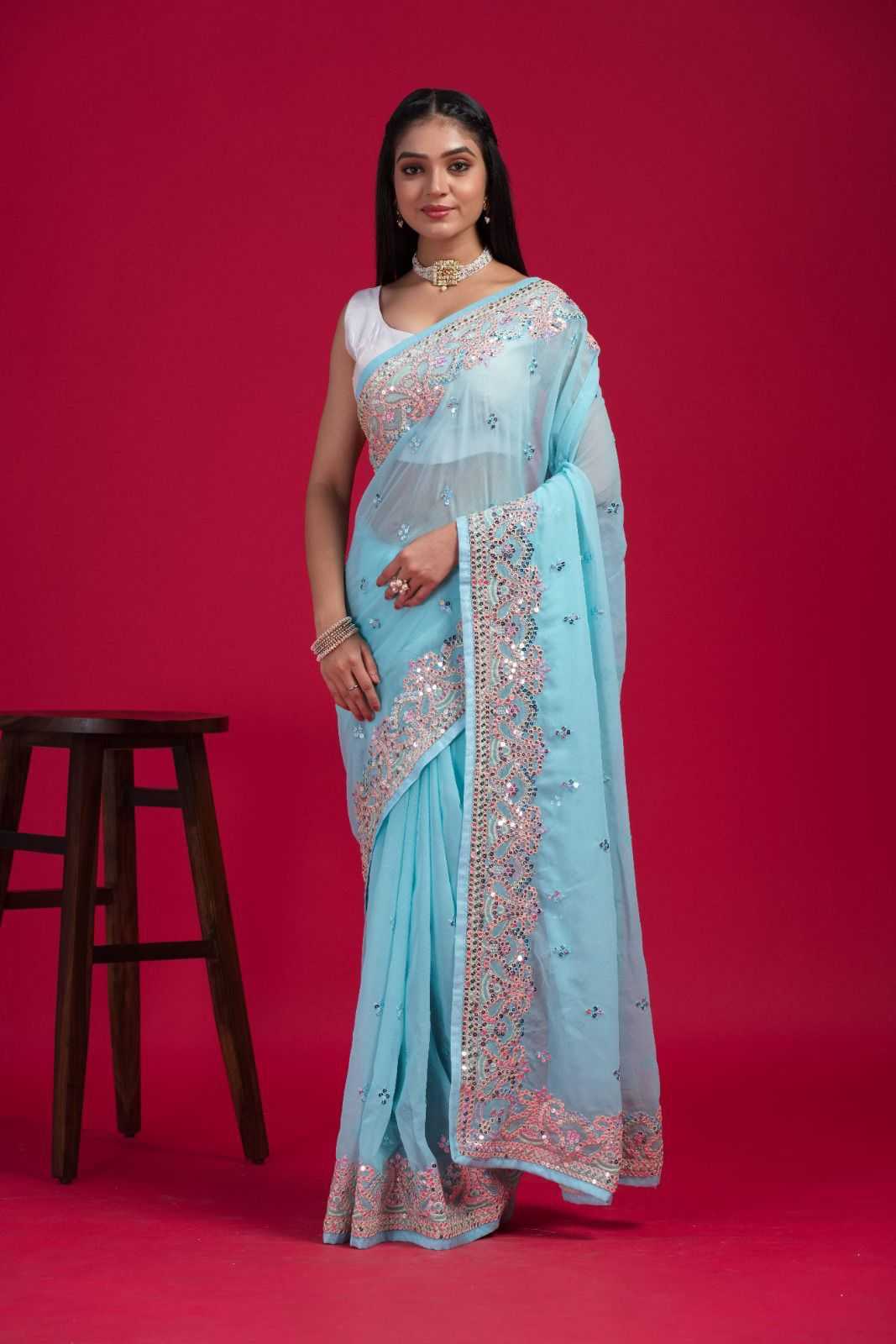 Blue Georgette Saree with Mirror Work