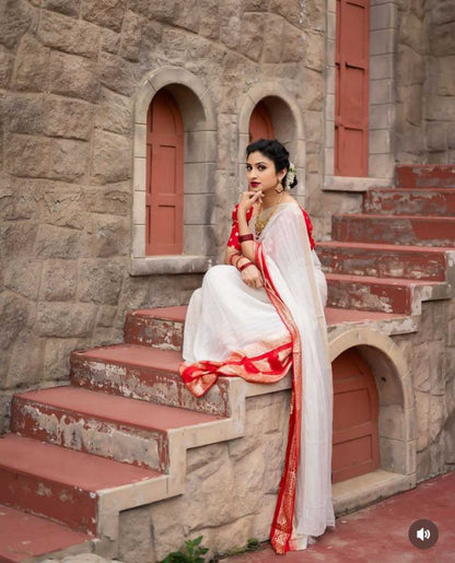 White & Red Simple Georgette Saree