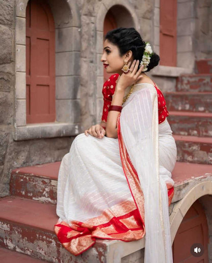 White & Red Simple Georgette Saree