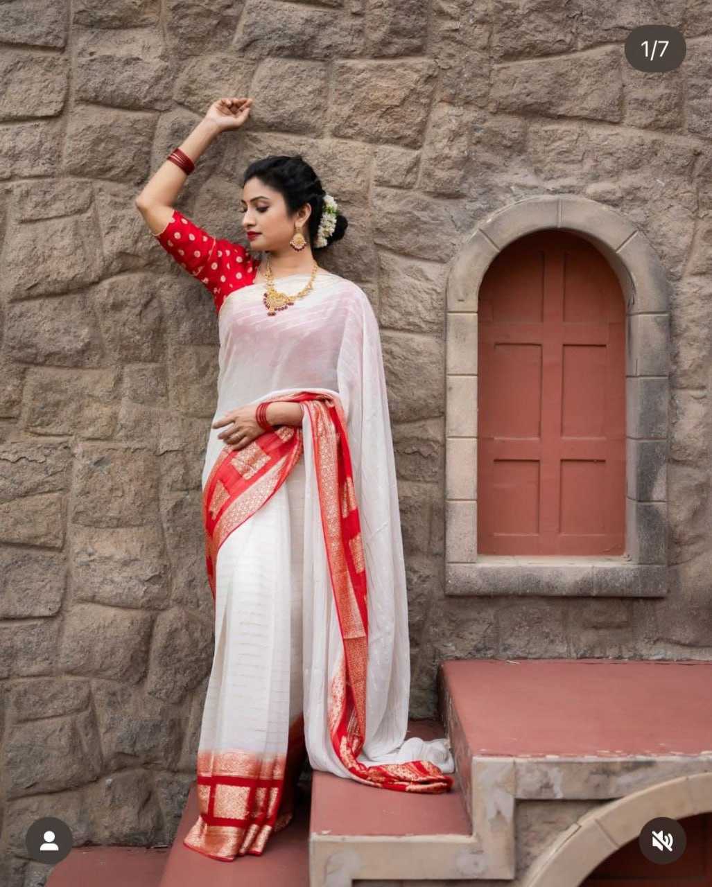 White & Red Simple Georgette Saree