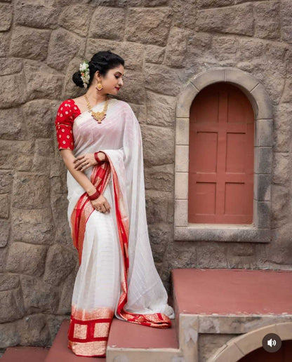 White & Red Simple Georgette Saree