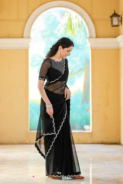 Black Plain Georgette Saree