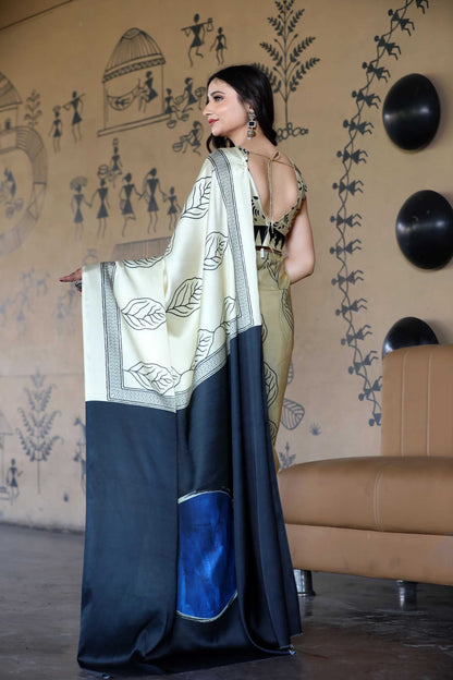 Cream Elegant Japan Satin Saree with Digital Print