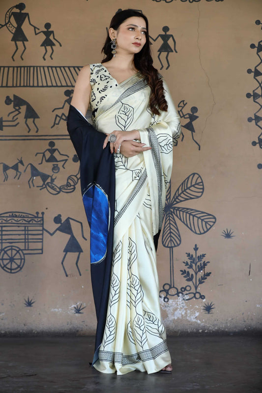 Cream Elegant Japan Satin Saree with Digital Print