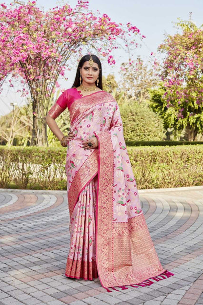 Pink Kanjivaram Soft Silk Saree With Sheer