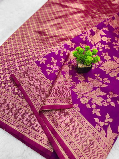 Wine Traditional Lichi Silk Saree With Golden Border