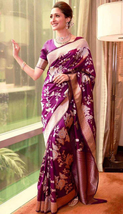 Wine Traditional Lichi Silk Saree With Golden Border