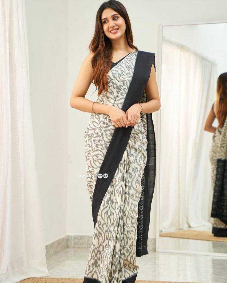 Plain Linen Saree With Linen Print