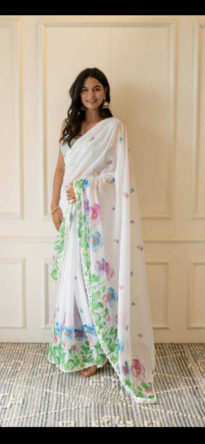 Plain Linen Saree With Digital Print