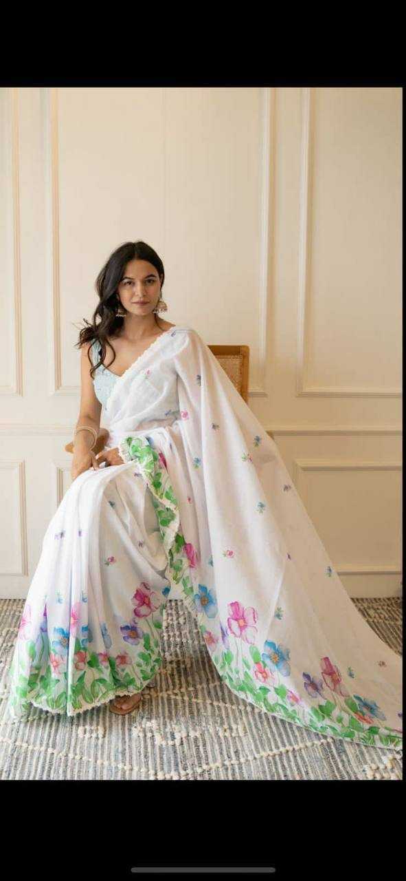 Plain Linen Saree With Digital Print