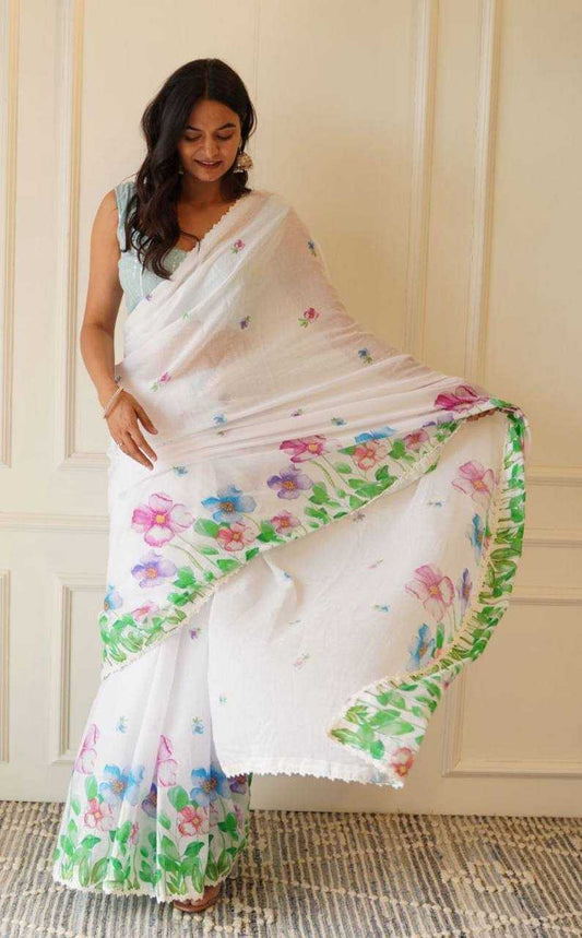 Plain Linen Saree With Digital Print