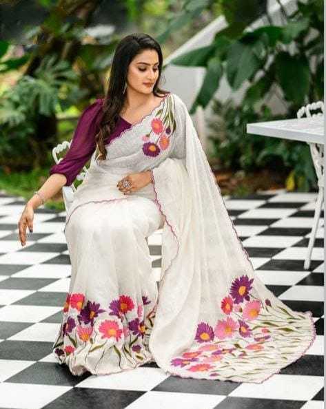 White Elegant & Plain Linen Saree