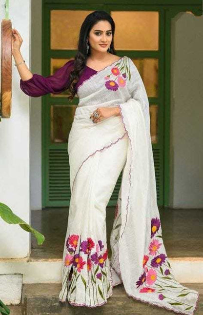 White Elegant & Plain Linen Saree