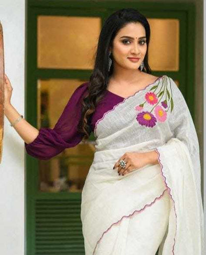 White Elegant & Plain Linen Saree