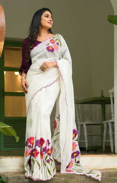 White Elegant & Plain Linen Saree