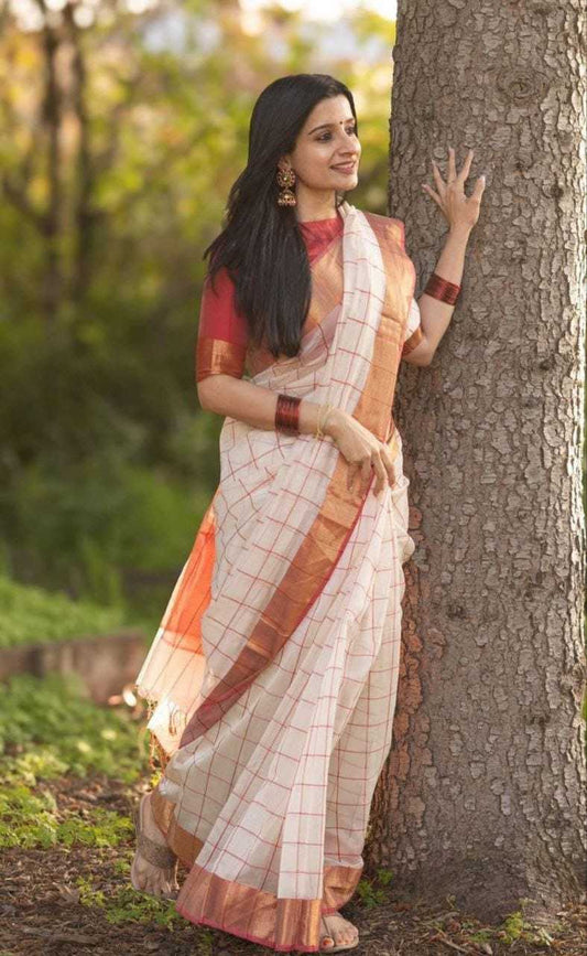 White Elegant Linen Saree With Gold Zari Checks