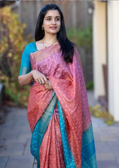 Elegant Pink Linen Saree With Golden Border