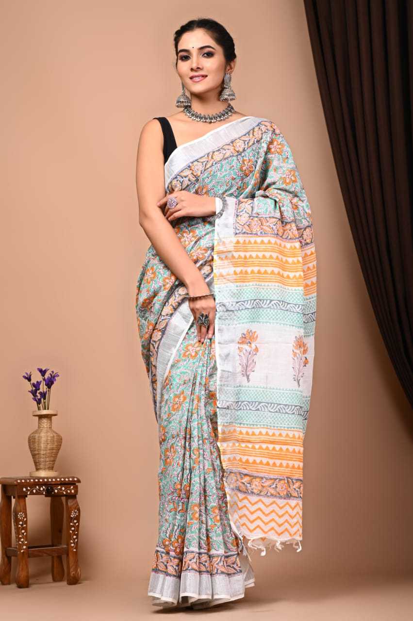 Green Hand Block Printed Linen Cotton Saree