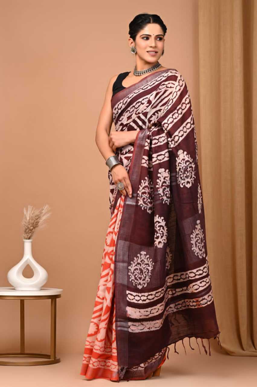 Brown Hand Block Printed Linen Cotton Saree