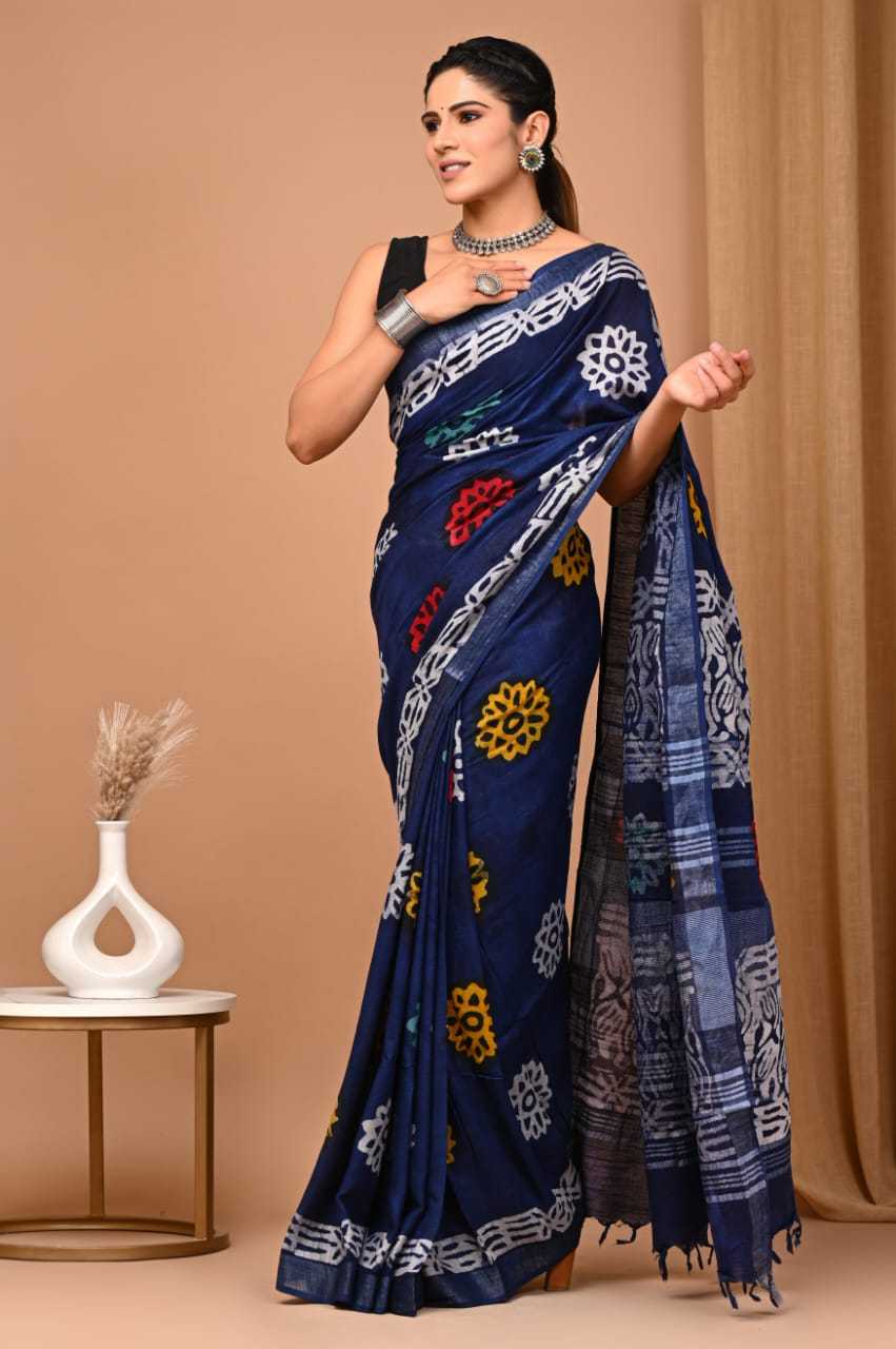 Blue Hand Block Printed Linen Cotton Saree