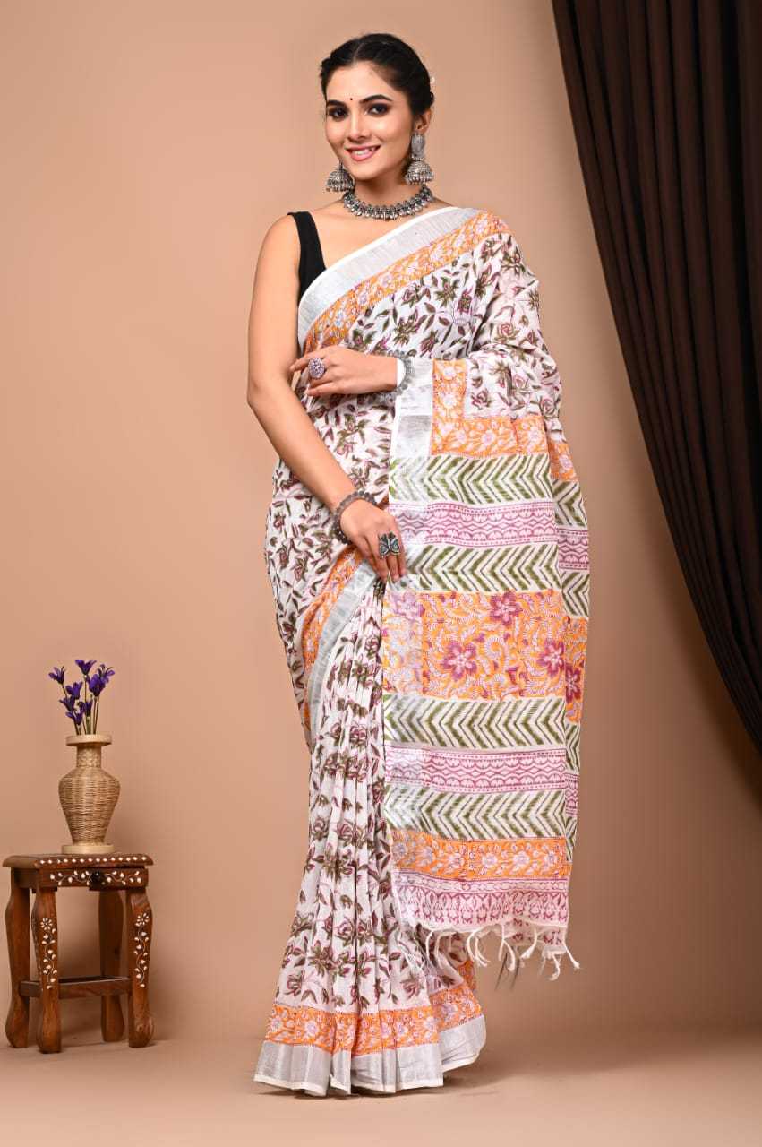 White Hand Block Printed Linen Cotton Saree