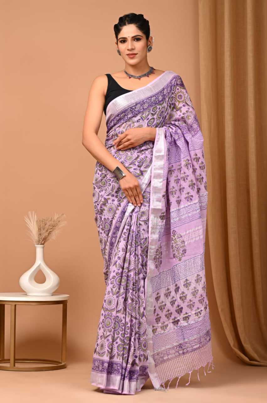 Lavender Hand Block Printed Linen Cotton Saree