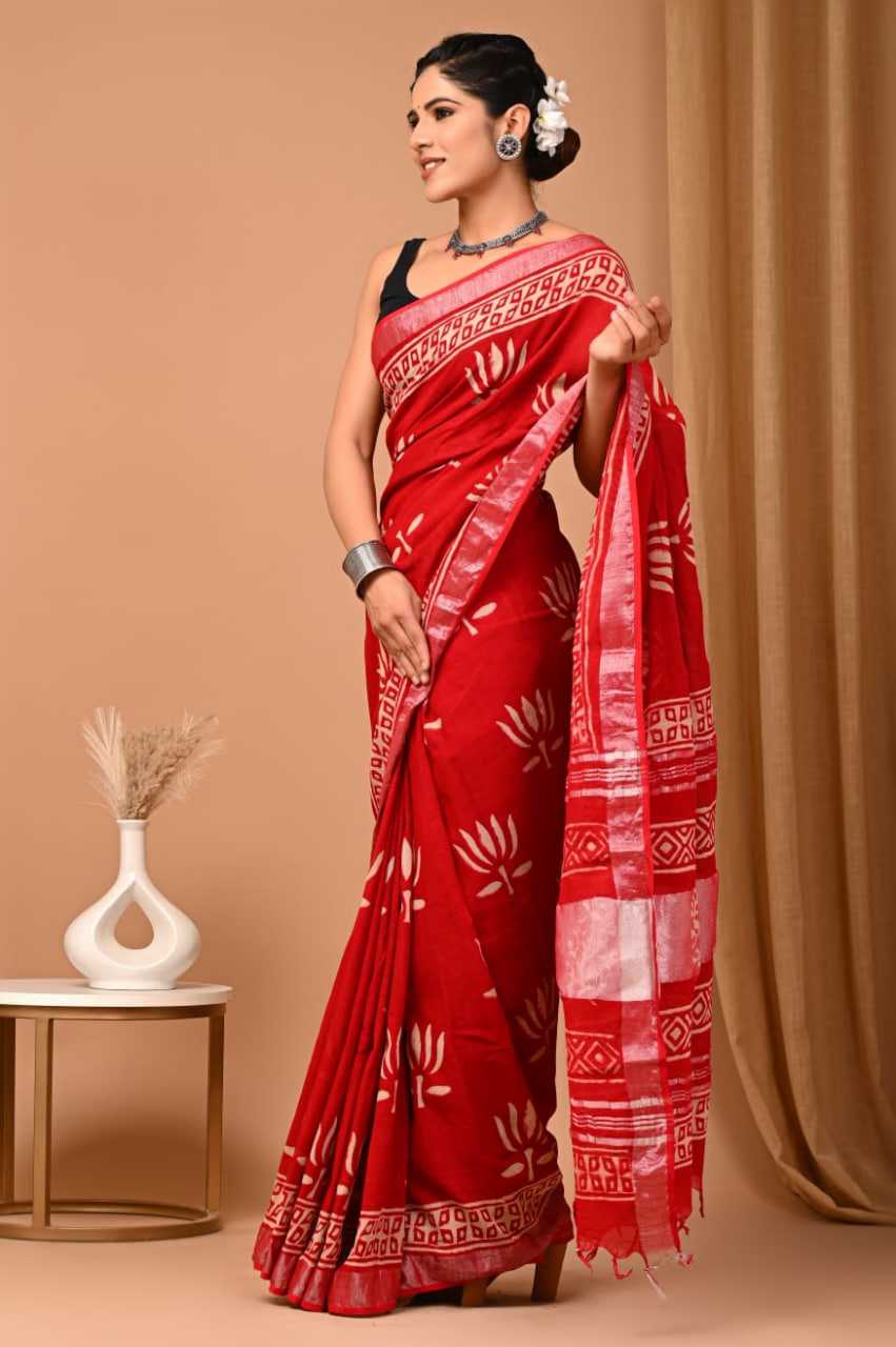 Red Hand Block Printed Linen Cotton Saree