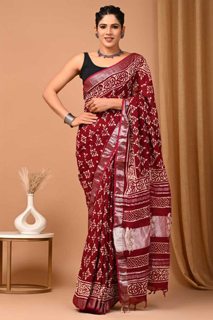 Maroon Hand Block Printed Linen Cotton Saree