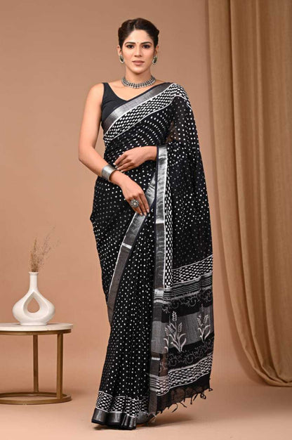 Black Hand Block Printed Linen Cotton Saree