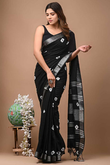 Black Hand Block Printed Linen Cotton Saree