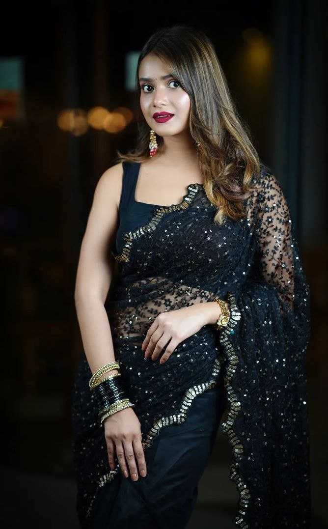 Black Net Saree with Stone work