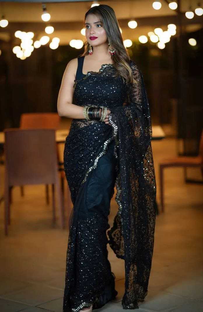 Black Net Saree with Stone work