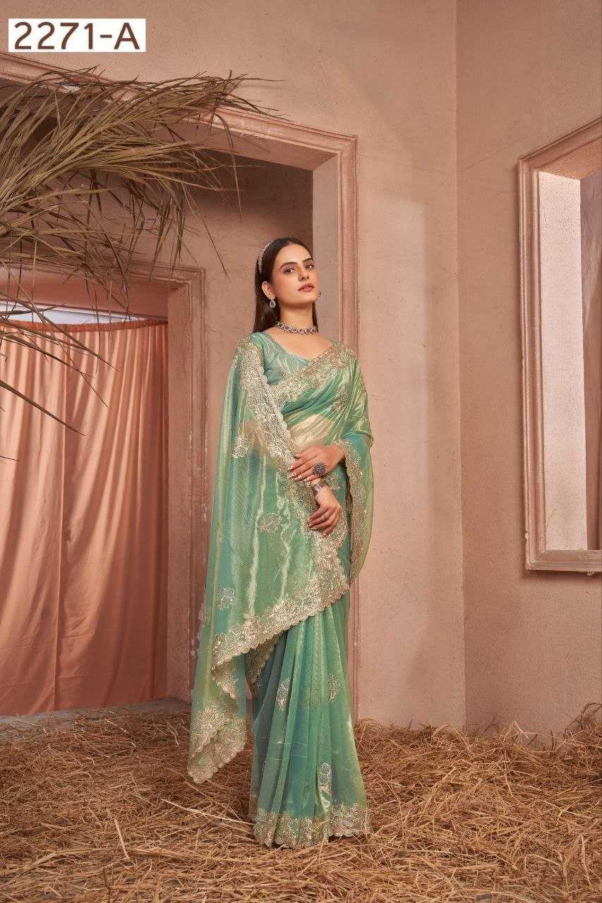 Green Shimmer Silver Net Saree With Swarovski Work