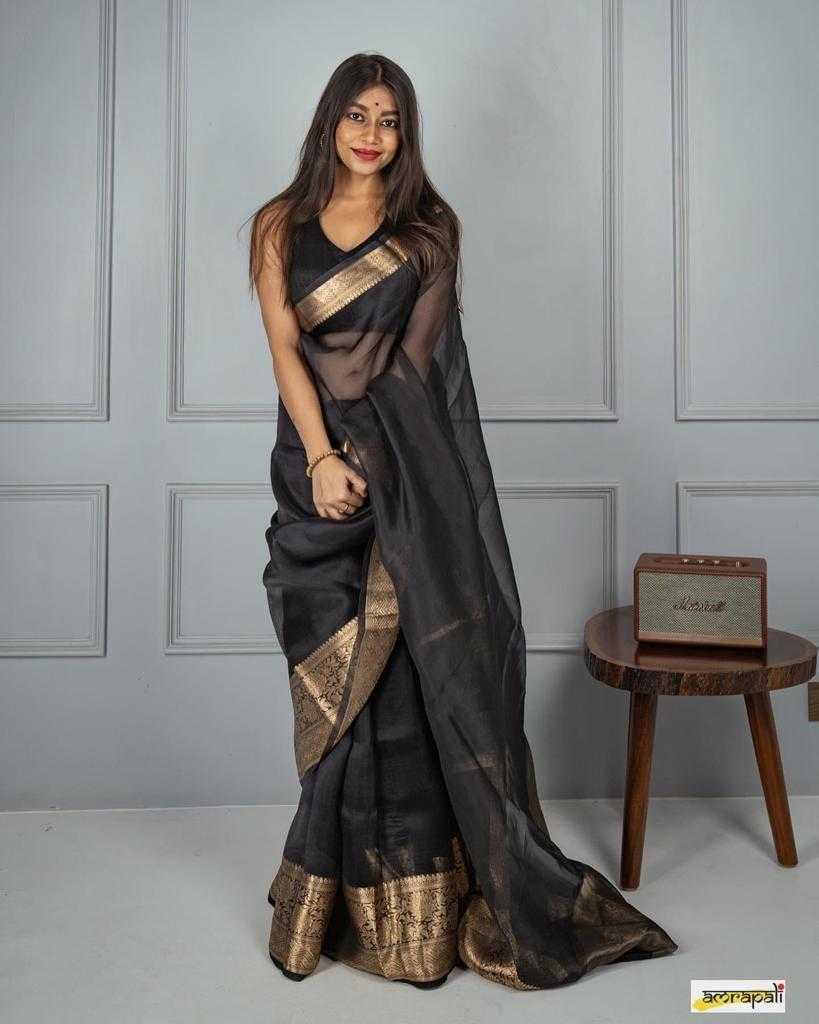 Black Soft Plain Nylon Organza Saree